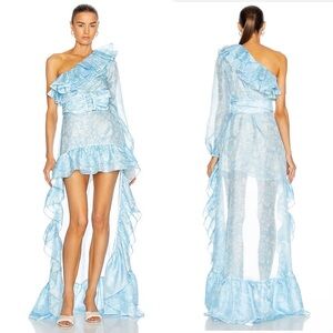 NWT ATOIR The Whirlwind Dress in Blue Paisley Floral Ruffle Belted High Low Gown